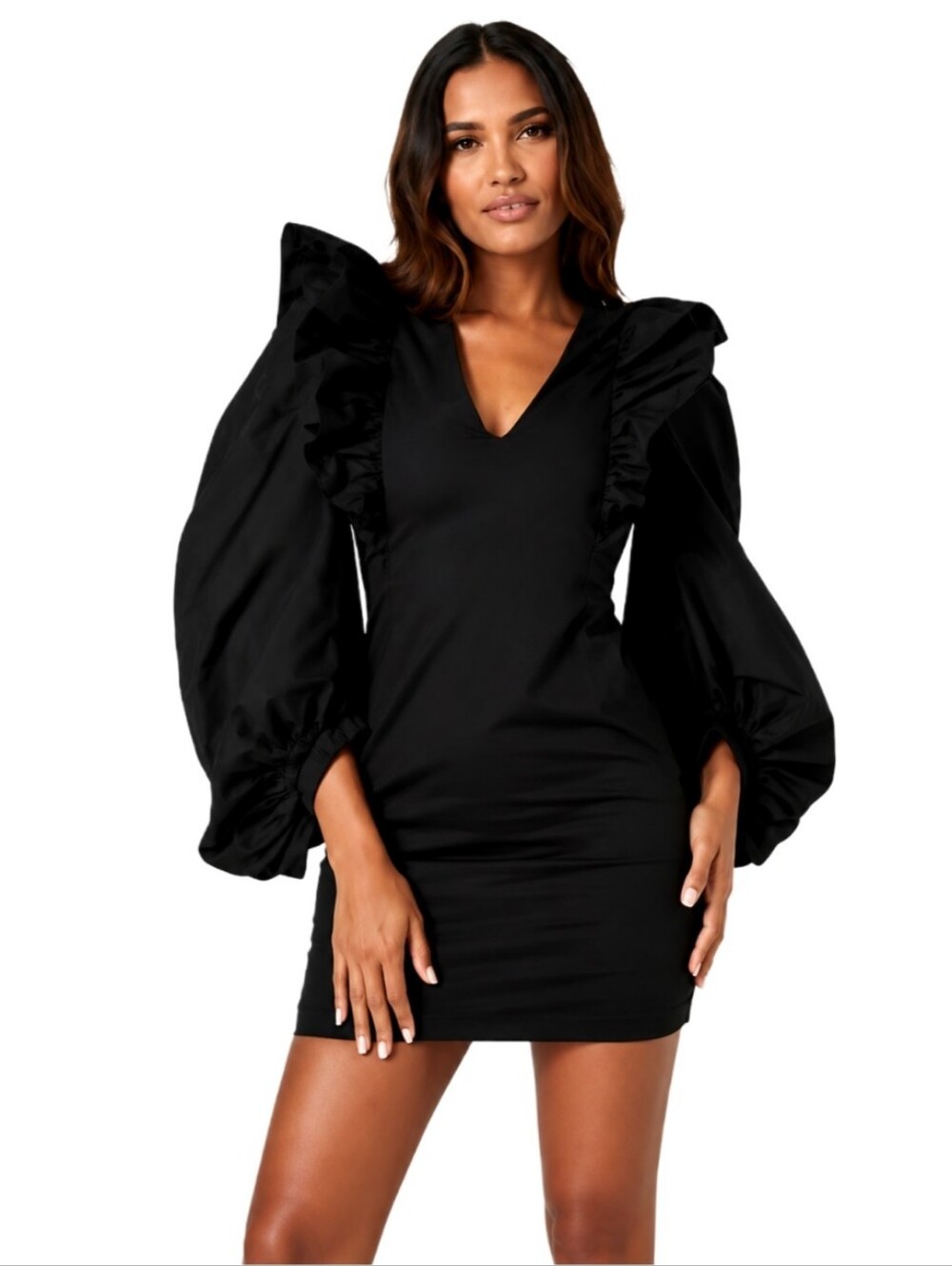 Missguided Elegant Black Ruffle Puff Sleeve Dress
